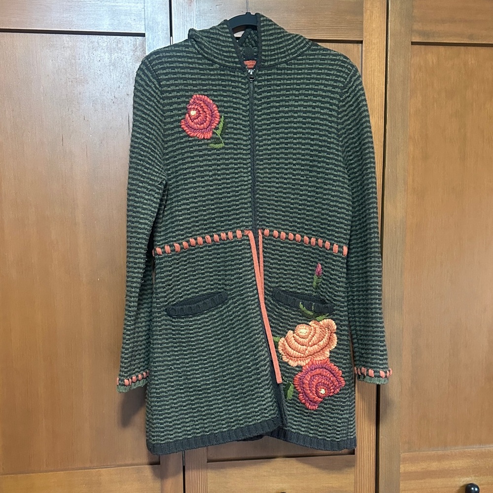 CAbi Green Hooded Knit Cardigan with Coral Floral Appliqués